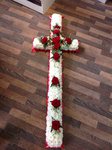 white chrysanthemum cross with red rose courages  funeral tribute made lovingly by hand in our little shop with fresh flowers in 33 bondgate darlington free local delivery