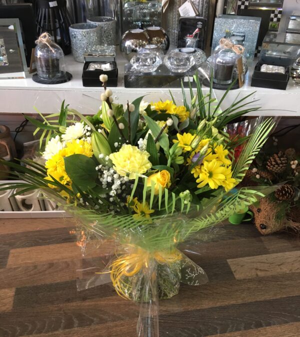 Yellow, green and cream aqua hand tied bouquet