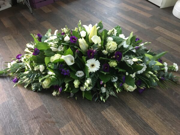 Purple, cream/white Casket tribute