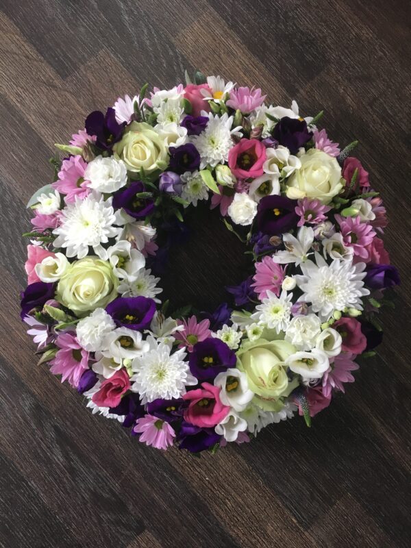 Pink, purple and white wreath