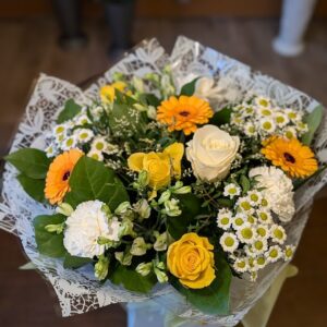 Yellow, green and cream aqua hand tied bouquet